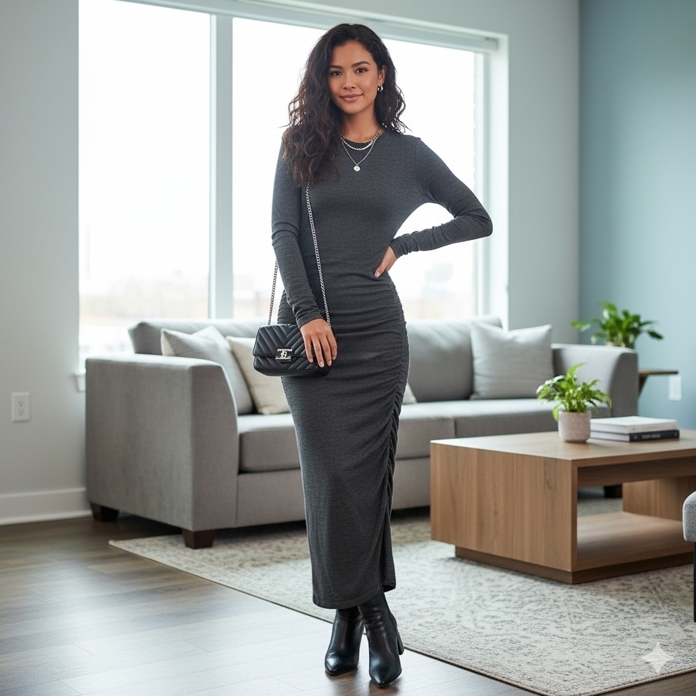 Michael Kors Wool Blended Gray Long Sleeve Maxi Dress